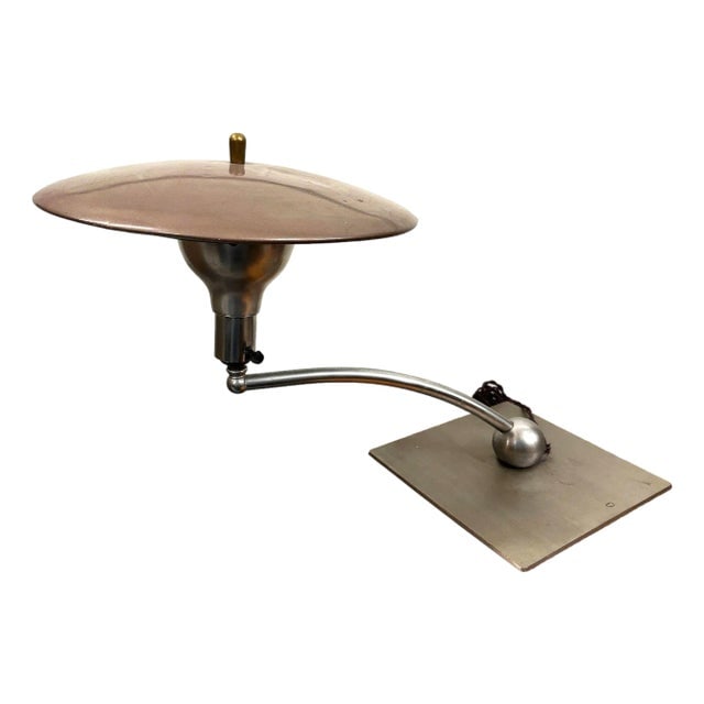 1950s Mid-Century Modern m.g. Wheeler "Sight Light" Brushed Steel Table Lamp W/ Enamel Shade: Title: 1950s Mid-Century Modern m.g. Wheeler "Sight Light" Brushed Steel Table Lamp W/ Enamel Shade Description: This "Sight Light" manufactured by M.G. Wheeler features a curved neck and with a body 