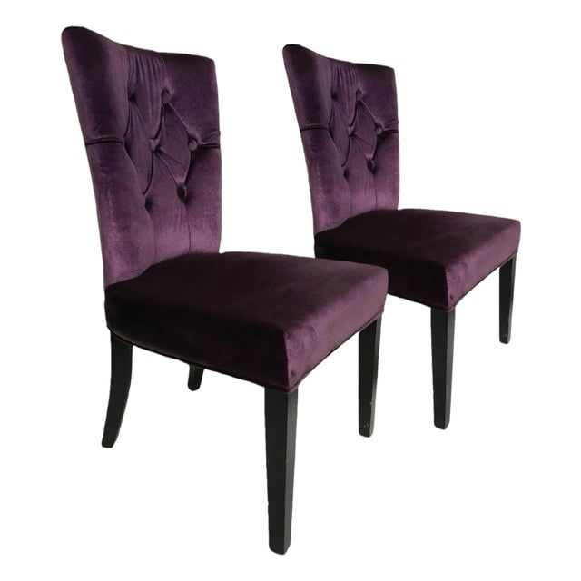 Pair of Vintage Purple Velvet Chairs With Tufted Padded Backrest: Title: Pair of Vintage Purple Velvet Chairs With Tufted Padded Backrest Description: Pair of Vintage Purple Velvet Chairs with Tufted Padded Backrest This set of purple chairs is in great condition. T