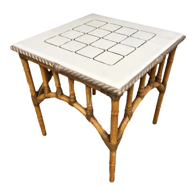 1980s Restored Rattan Center Coffee Table With Solid Resin Top: Title: 1980s Restored Rattan Center Coffee Table With Solid Resin Top Description: Vintage Pole Rattan Center Coffee Table featuring an arched base with a square patterned solid resin top. 1980, Unite