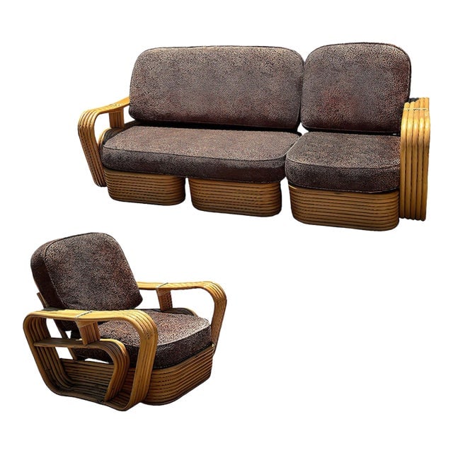 Restored Five-Strand Streamline Square Pretzel Rattan Sofa & Chair Set: Title: Restored Five-Strand Streamline Square Pretzel Rattan Sofa & Chair Set Description: Art Deco Rattan living-room set including a matching sectional sofa and lounge chair. Both feature the famous