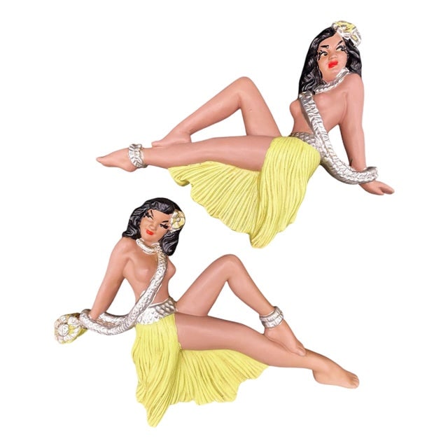 MCM Hawaiian Art Pottery Pin-Up Yellow Hula Girl Wall Sculpture, Pair: Title: MCM Hawaiian Art Pottery Pin-Up Yellow Hula Girl Wall Sculpture, Pair Description: Original pair of California Art Pottery Hawaiian Hula girl wall sculptures. Each sculpture features a
