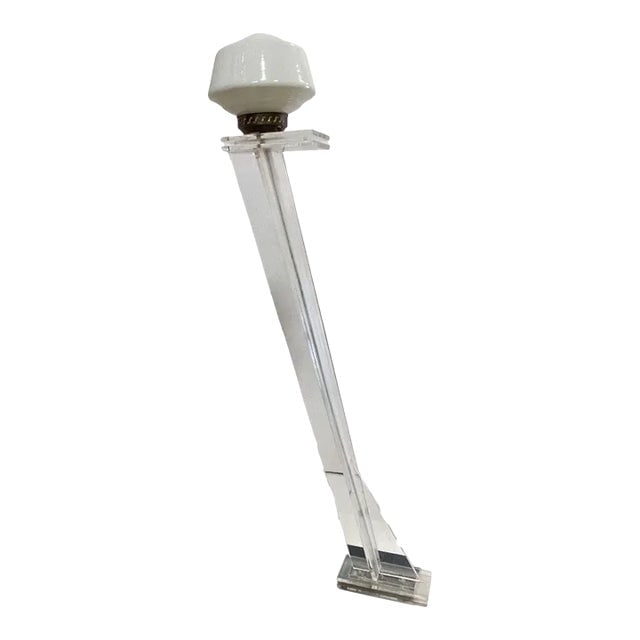 Mid Century Clear Lucite Sculptural Floor Lamp: Title: Mid Century Clear Lucite Sculptural Floor Lamp Description: Hand-made abstract Mid-century floor lamp featuring a slanted clear Lucite sculptural fixed to a black lacquered wood base with a