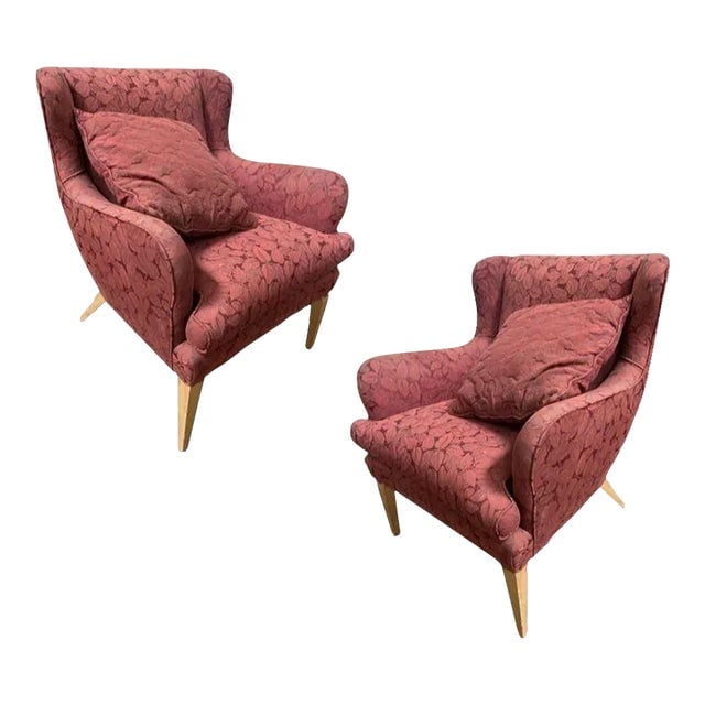 Mid Century Modern Burgundy Leaf Print Wingback Lounge Chairs - a Pair: Title: Mid Century Modern Burgundy Leaf Print Wingback Lounge Chairs - a Pair Description: The Burgundy Wingback Mid-Century Chair is a spacious, stylish blend of vintage and modern design. With its