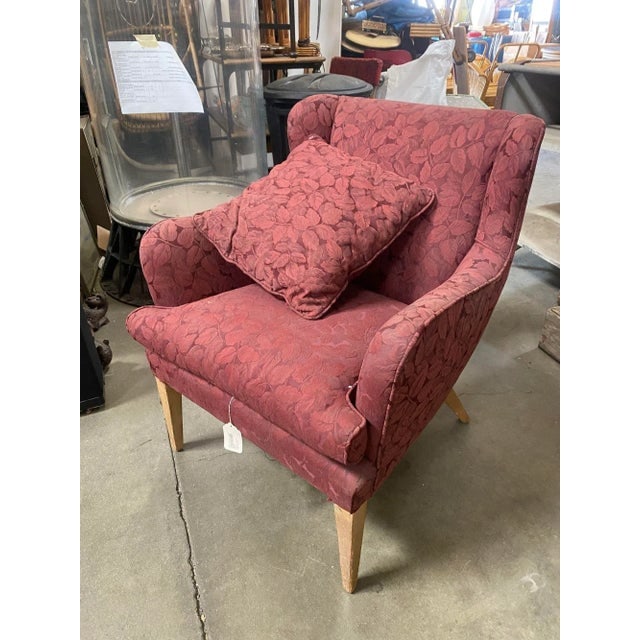 Mid Century Modern Burgundy Leaf Print Wingback Lounge Chairs - a Pair - 2