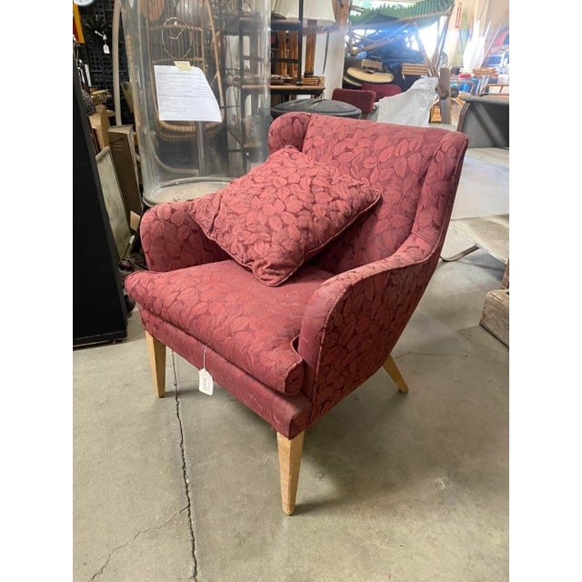 Mid Century Modern Burgundy Leaf Print Wingback Lounge Chairs - a Pair - 3