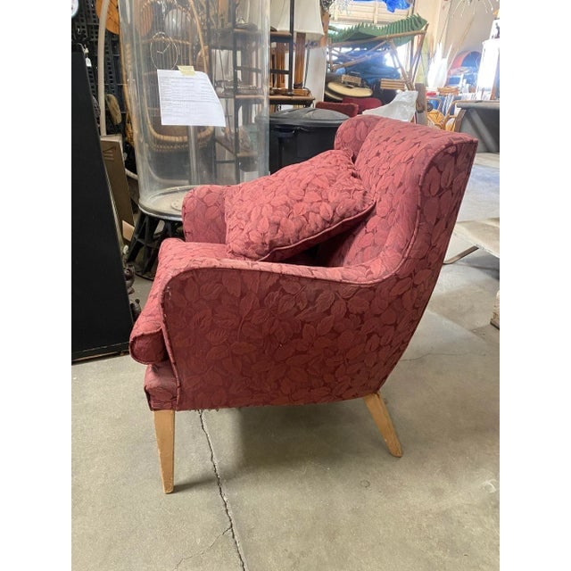 Mid Century Modern Burgundy Leaf Print Wingback Lounge Chairs - a Pair - 4