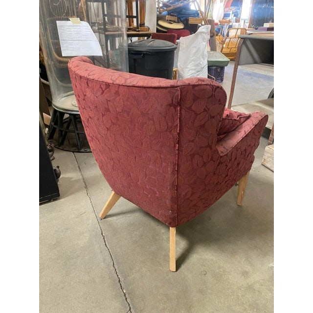 Mid Century Modern Burgundy Leaf Print Wingback Lounge Chairs - a Pair - 5