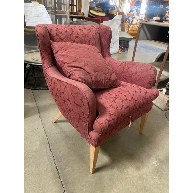 Mid Century Modern Burgundy Leaf Print Wingback Lounge Chairs - a Pair - 6
