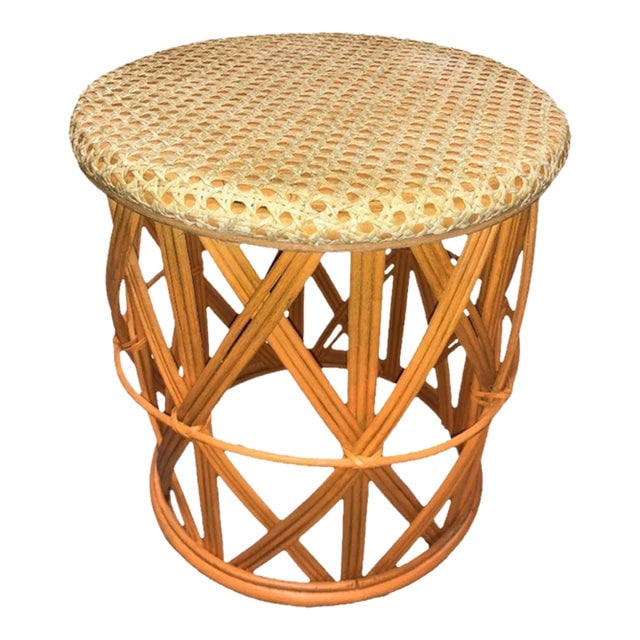1940s Restored Rattan Orange and Natural Cane Side Table: Title: 1940s Restored Rattan Orange and Natural Cane Side Table Description: This restored rattan orange and natural cane table offers a stylish and versatile accent to any space. With its vibrant