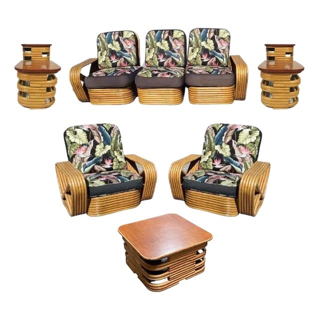 Restored 1930s 6-Strand Square Pretzel Stacked Rattan Lounge Chair, Sofa Livingroom Set - 6 Pieces: Title: Restored 1930s 6-Strand Square Pretzel Stacked Rattan Lounge Chair, Sofa Livingroom Set - 6 Pieces Description: This beautifully restored Art Deco Rattan living-room set includes a matching 3-s