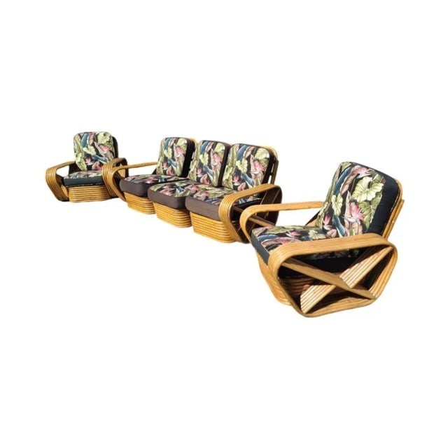 Restored 1930s 6-Strand Square Pretzel Stacked Rattan Lounge Chair, Sofa Livingroom Set - 6 Pieces - 6
