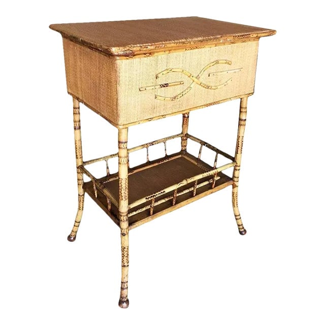 Restored Aesthetic Movement Tiger Tortoise Bamboo Linen Pedestal Trunk: Title: Restored Aesthetic Movement Tiger Tortoise Bamboo Linen Pedestal Trunk Description: Antique tiger bamboo pedestal side table with rice mat top with flip-open lid storage and a secondary bottom 