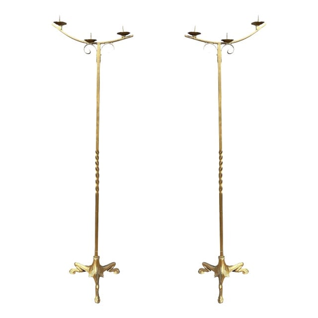 1950s Hollywood Regency Brass-Tone Floor Standing Candelabras with Claw-Foot Base, a Pair: Title: 1950s Hollywood Regency Brass-Tone Floor Standing Candelabras with Claw-Foot Base, a Pair Description: This elegant custom-made brass-tone pair of Hollywood Regency floor-standing candelabras f