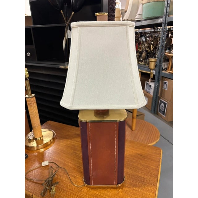 1970s Two-Toned Square Leather Wrapped Table Lamp With Gold Trim - 10