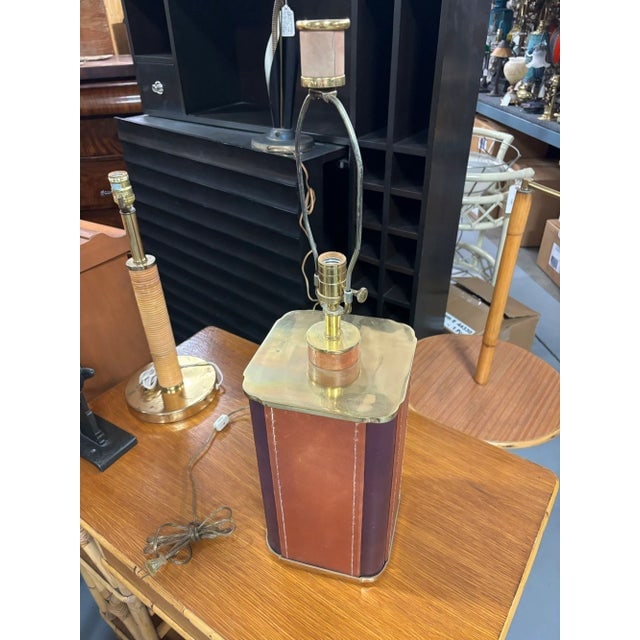 1970s Two-Toned Square Leather Wrapped Table Lamp With Gold Trim - 12