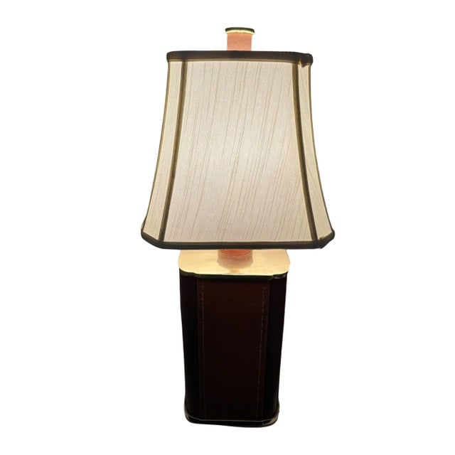 1970s Two-Toned Square Leather Wrapped Table Lamp With Gold Trim - 2