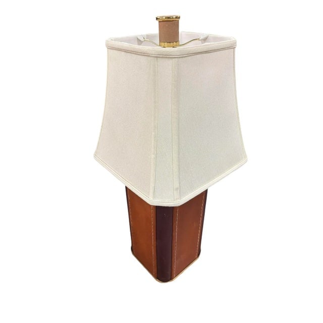 1970s Two-Toned Square Leather Wrapped Table Lamp With Gold Trim - 3