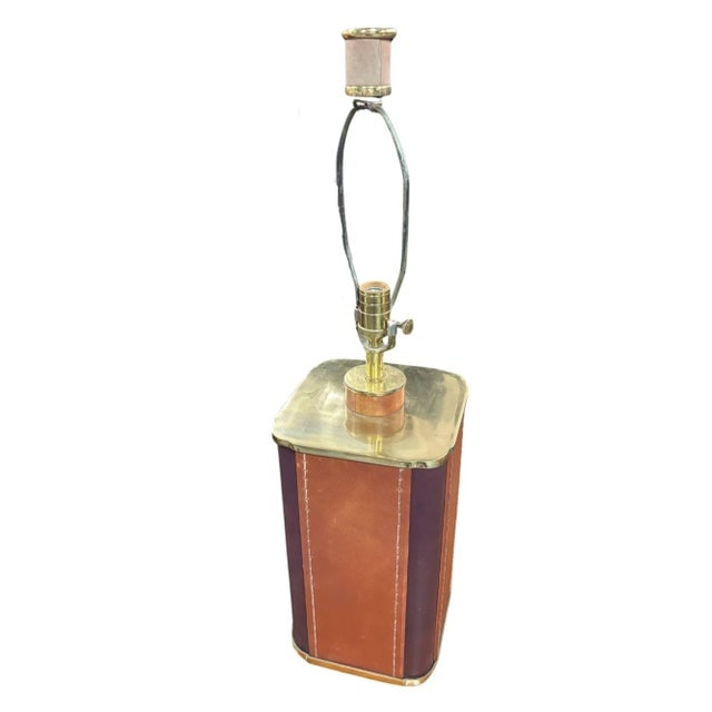 1970s Two-Toned Square Leather Wrapped Table Lamp With Gold Trim - 5