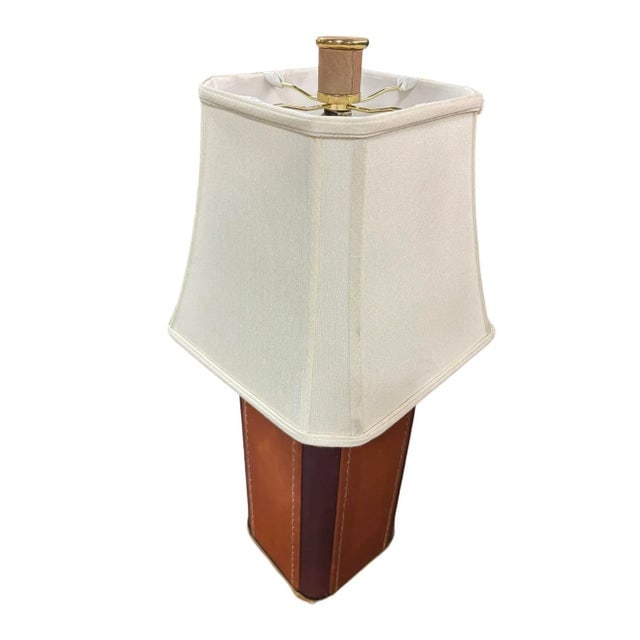1970s Two-Toned Square Leather Wrapped Table Lamp With Gold Trim - 6