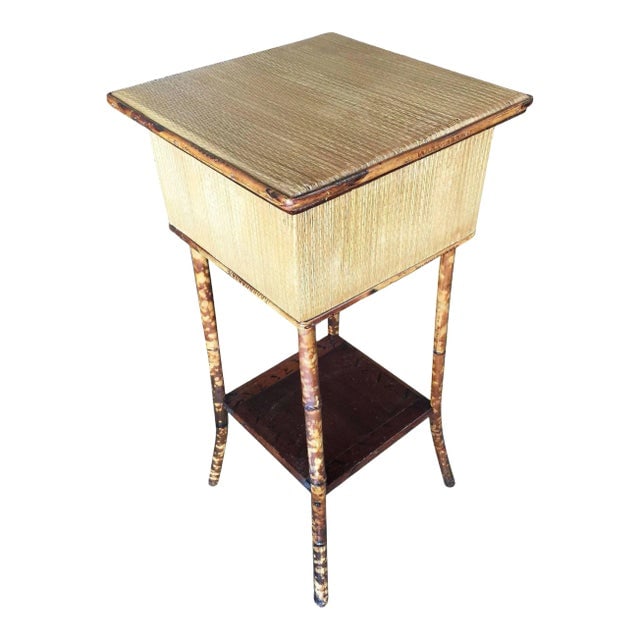 Restored Tiger Bamboo Tortoise Pedestal W/ Storage Box: Title: Restored Tiger Bamboo Tortoise Pedestal W/ Storage Box Description: Antique tiger bamboo pedestal side table with rice mat top with flip-open lid storage and a secondary bottom shelf. 1950, Uni