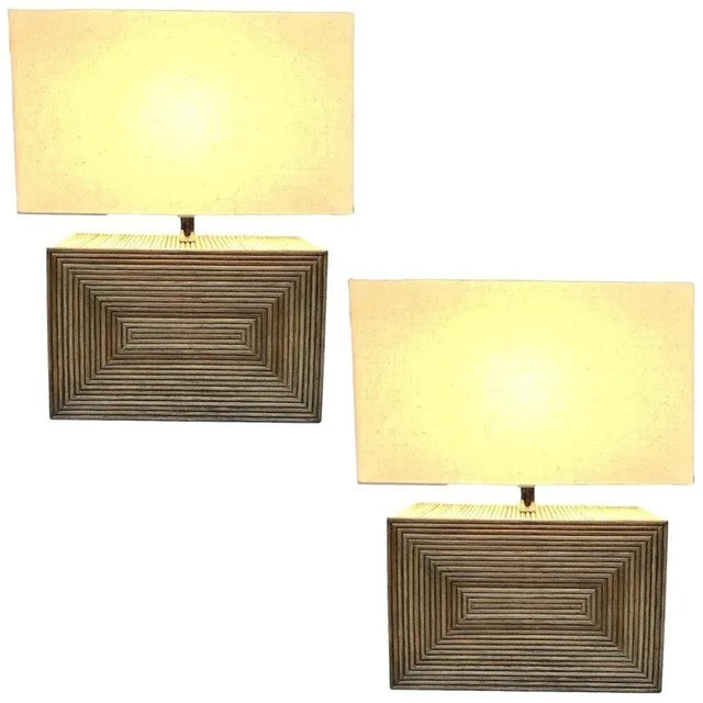 1980s Modernist Stacked Stick Rattan Vertical Brick Lamp Pair, With Shades - 2