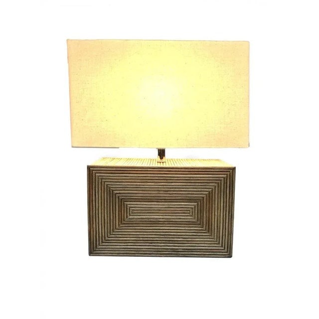 1980s Modernist Stacked Stick Rattan Vertical Brick Lamp Pair, With Shades - 3