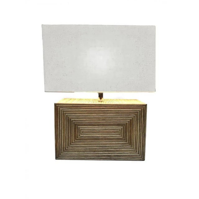 1980s Modernist Stacked Stick Rattan Vertical Brick Lamp Pair, With Shades - 4