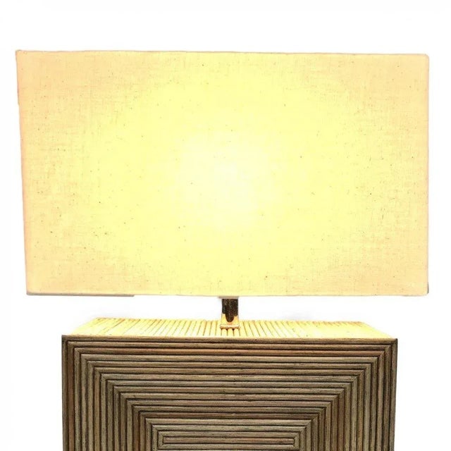 1980s Modernist Stacked Stick Rattan Vertical Brick Lamp Pair, With Shades - 5