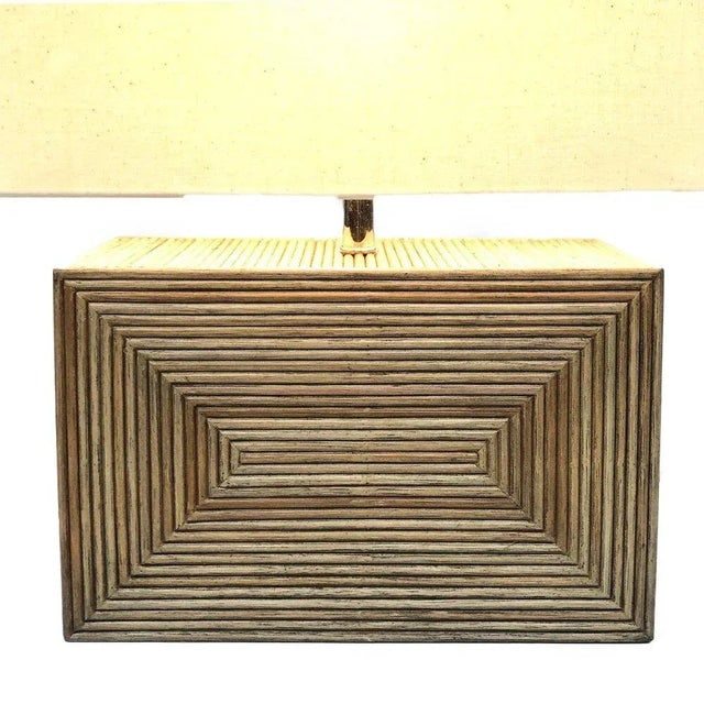 1980s Modernist Stacked Stick Rattan Vertical Brick Lamp Pair, With Shades - 6