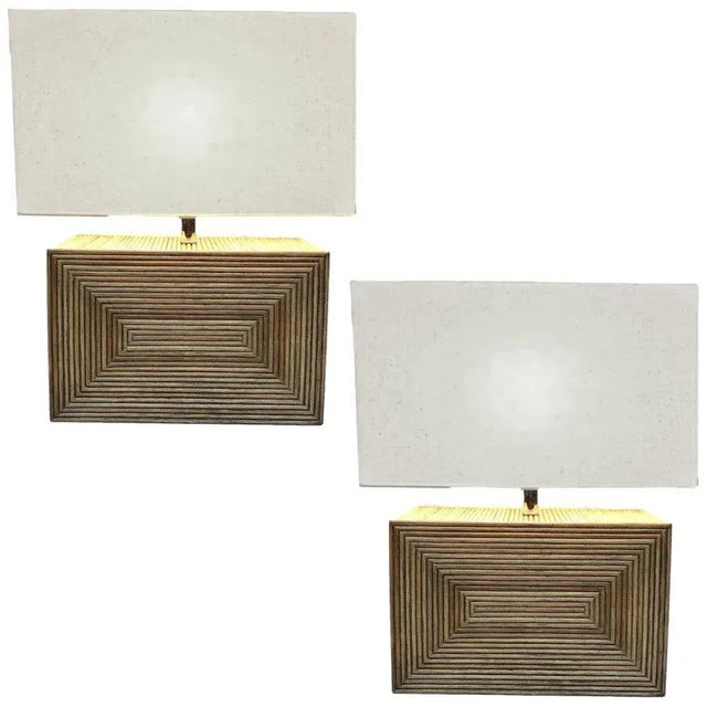 1980s Modernist Stacked Stick Rattan Vertical Brick Lamp Pair, With Shades - 7