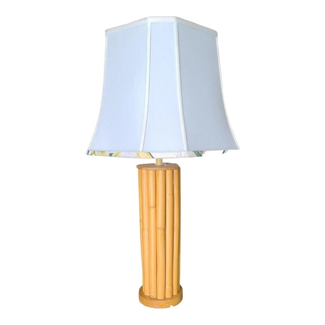 Restored Mid-Century Fourteen-Strand Stick Reed Rattan Table Lamp W/ Fancy Wrapping: Title: Restored Mid-Century Fourteen-Strand Stick Reed Rattan Table Lamp W/ Fancy Wrapping Description: Restored mid-century rattan table lamp featuring 14 vertically stacked rattan poles fixed betwee