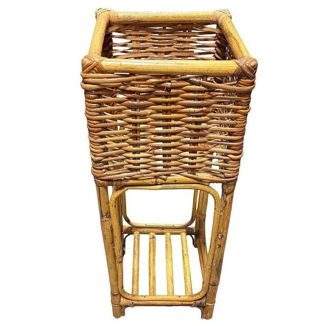Mid Century Cubed Woven Rattan Pedestal Plant Stand - 2