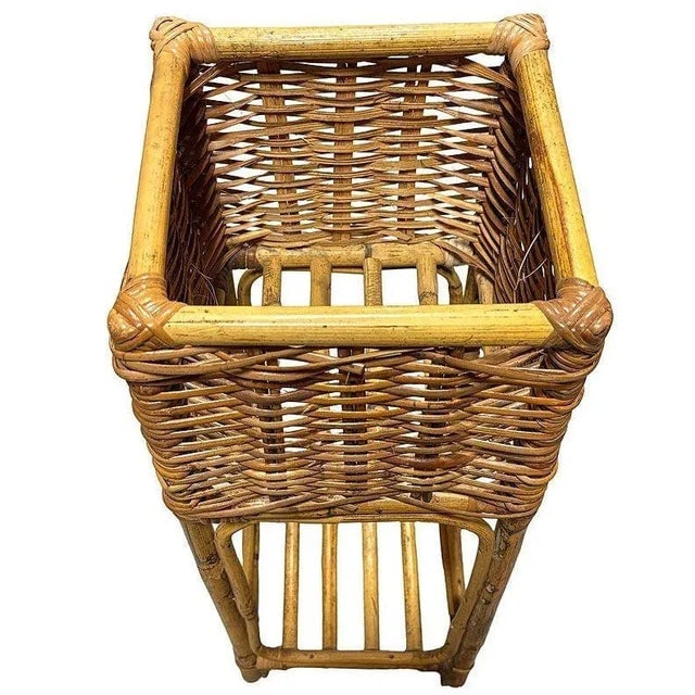 Mid Century Cubed Woven Rattan Pedestal Plant Stand - 3