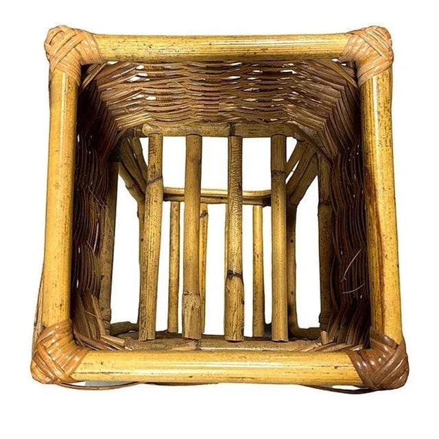 Mid Century Cubed Woven Rattan Pedestal Plant Stand - 7