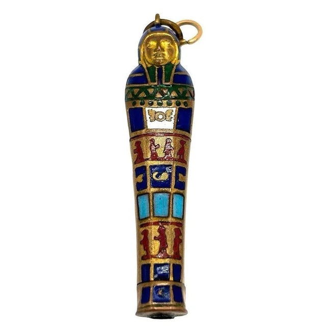 1923 Egyptian Revival Pharaoh Sarcophagus Gilt & Enamel Retractable Pencil Pendant - 3