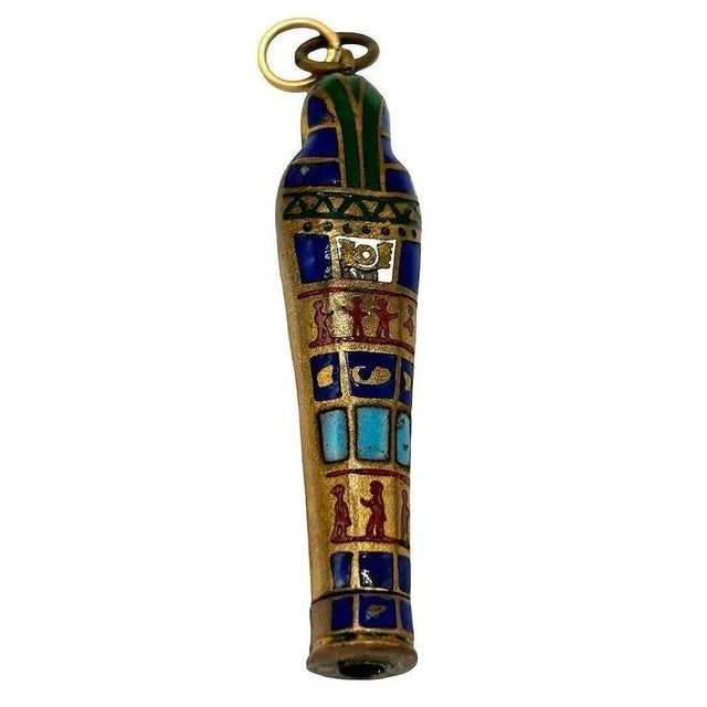 1923 Egyptian Revival Pharaoh Sarcophagus Gilt & Enamel Retractable Pencil Pendant - 4