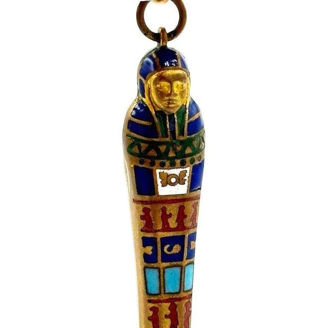 1923 Egyptian Revival Pharaoh Sarcophagus Gilt & Enamel Retractable Pencil Pendant - 5
