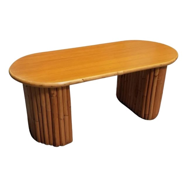 1950s Restored Mahogany Coffee Table W/ Vertical Stacked Rattan Half Moon Pedestal Legs (1 of 4)