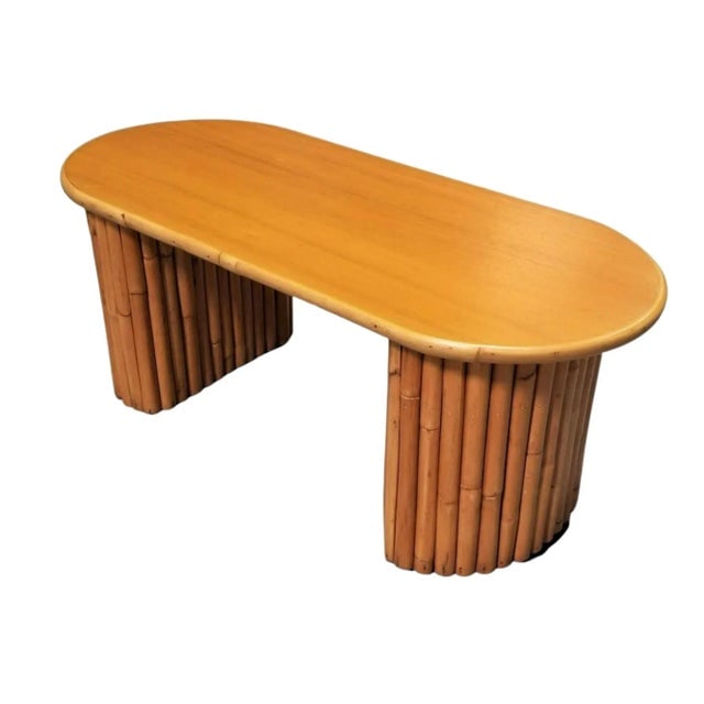 1950s Restored Mahogany Coffee Table W/ Vertical Stacked Rattan Half Moon Pedestal Legs - 2