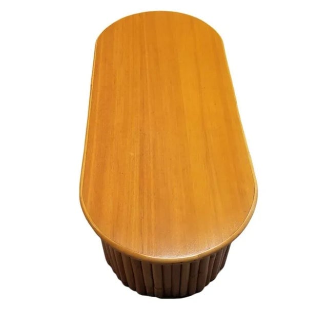 1950s Restored Mahogany Coffee Table W/ Vertical Stacked Rattan Half Moon Pedestal Legs - 3