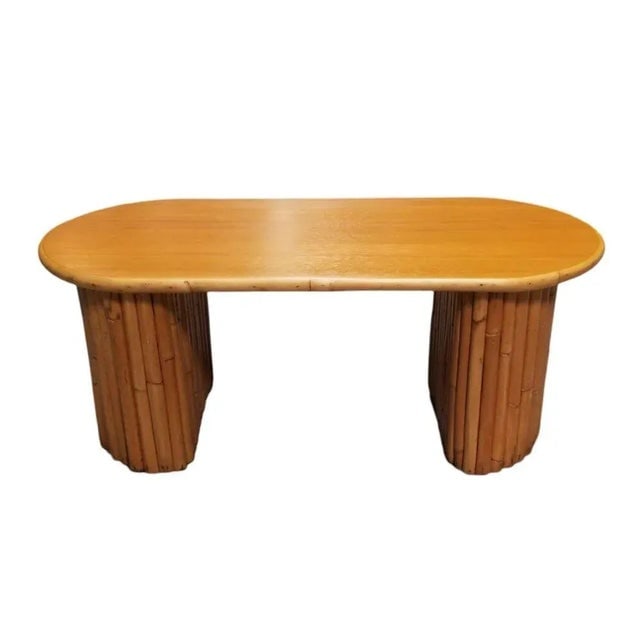 1950s Restored Mahogany Coffee Table W/ Vertical Stacked Rattan Half Moon Pedestal Legs - 4