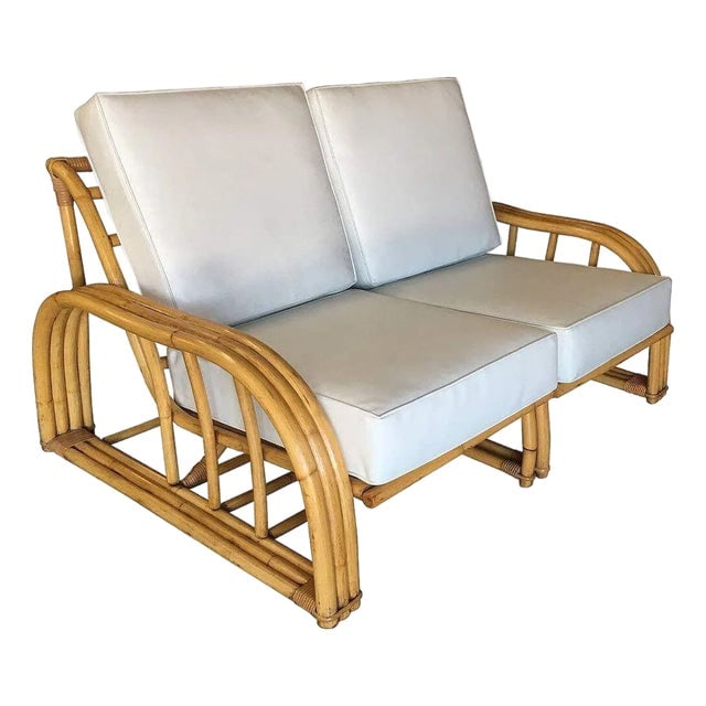 Rare Restored Museum Quality 3-Strand Rattan Settee, Paul Laszlo for Ficks Reed: Title: Rare Restored Museum Quality 3-Strand Rattan Settee, Paul Laszlo for Ficks Reed Description: Restored original 1948 Paul Laszlo designed three-strand sectional settee featuring three-strand sta
