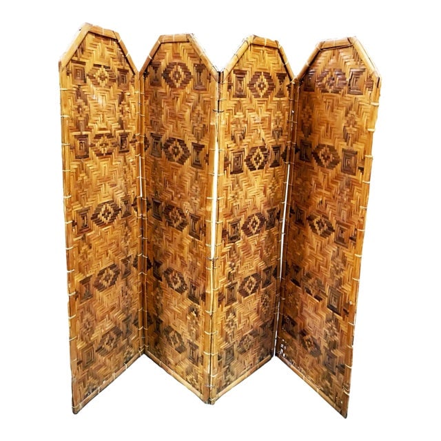 Restored Bamboo & Woven Wicker 4 Panel Folding Screen , 1920 (1 of 5)
