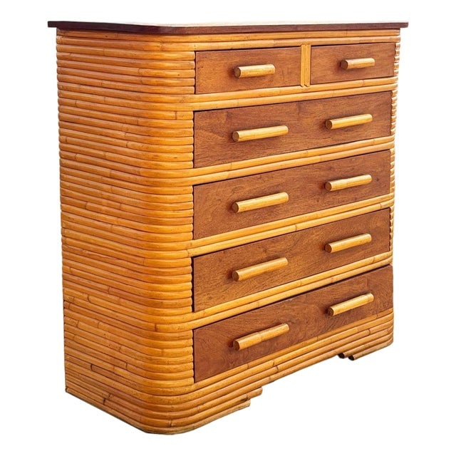 1930s Restored Art Deco 6 Drawer Stacked Rattan Highboy Dresser W/ Mahogany Top: Title: 1930s Restored Art Deco 6 Drawer Stacked Rattan Highboy Dresser W/ Mahogany Top Description: This beautifully restored coastal Art Deco era rattan chest of drawers with a mahogany top and six p