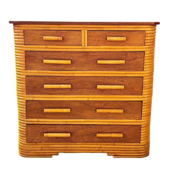 1930s Restored Art Deco 6 Drawer Stacked Rattan Highboy Dresser W/ Mahogany Top - 2
