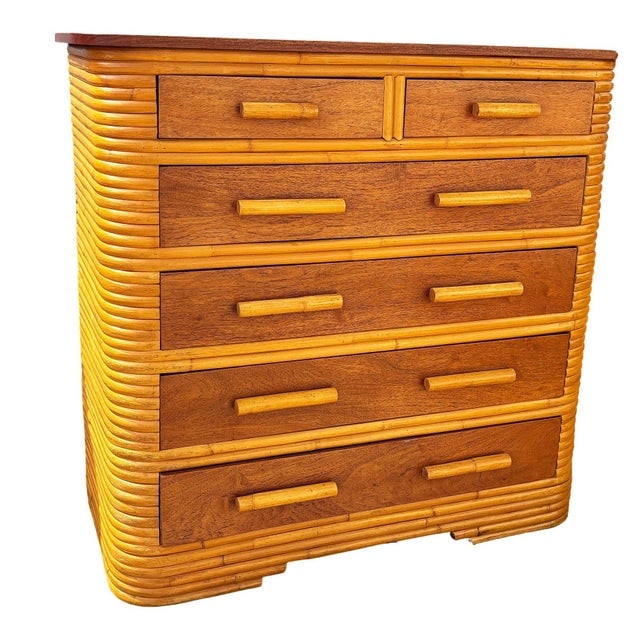 1930s Restored Art Deco 6 Drawer Stacked Rattan Highboy Dresser W/ Mahogany Top - 4