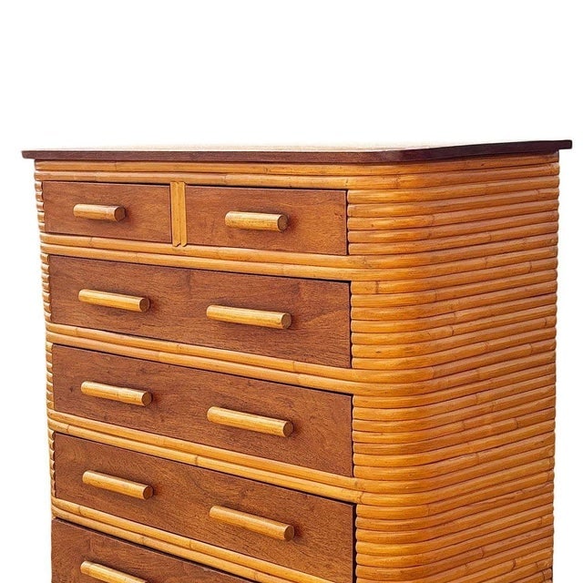 1930s Restored Art Deco 6 Drawer Stacked Rattan Highboy Dresser W/ Mahogany Top - 6