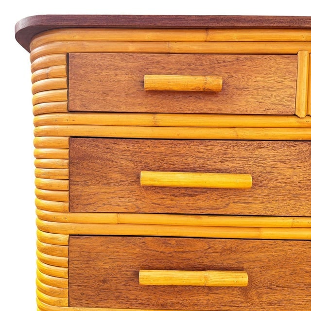 1930s Restored Art Deco 6 Drawer Stacked Rattan Highboy Dresser W/ Mahogany Top - 7