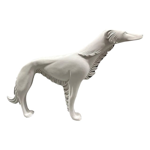 Life-Size Art Deco Styled Fiberglass Borzoi Russian Hunting Hound Dog Statue: Title: Life-Size Art Deco Styled Fiberglass Borzoi Russian Hunting Hound Dog Statue Description: This elegant life-size fiberglass Borzoi dog statue captures the refined and poised grace of the Russia
