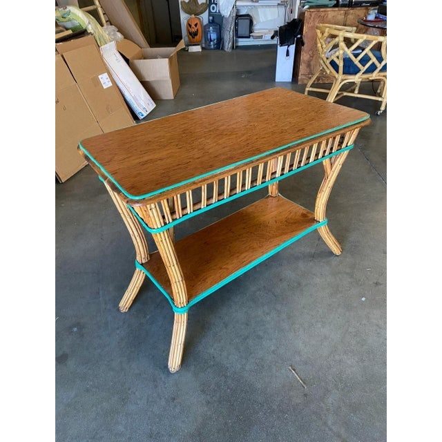 Restored Presidential Stick Reed Rattan Tv Stand/Console Table W/ Mahogany Top - 11